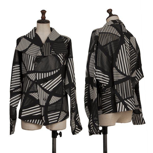 イッセイミヤケISSEY MIYAKE ストライプウレタンプリントビッグカラージャケット 黒白2