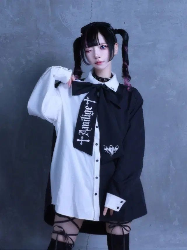 アミリージュ amilige 地雷系 サブカルチャー バイカラー 蝙蝠 リボン ボウタイ シャツ