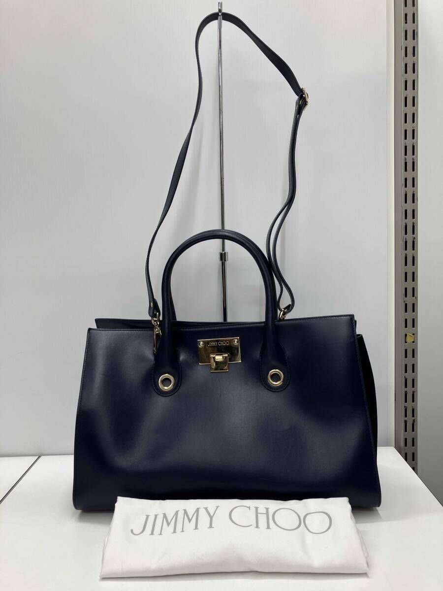 【保存袋付】JIMMY CHOO ジミーチュウ 2WAYレザーハンドバッグ トートバッグ RILEY Q9JFS4 ネイビー 春夏秋