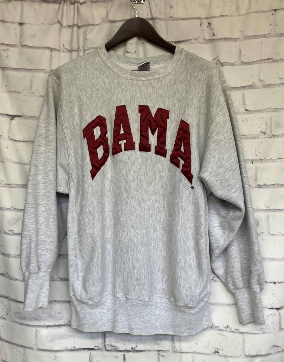 Champion PEVERSE MEAVE ｽｳｪｯﾄ ｸﾞﾚｰ BAMA ｻｲｽﾞXL 古着 ｳﾞｨﾝﾃｰｼﾞ ｱｰﾁﾛｺﾞ 袖ﾘﾌﾞ ｱﾒｶｼﾞ ﾒﾝｽﾞ 通年