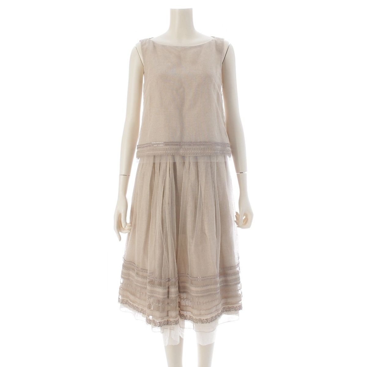 フォクシー 20年 Blouse Spring Haze/Skirt Prologue リネン チュール ノースリーブ ブラウス フレア スカートセットアップ 41001/40695 ベージュ 38【中古】