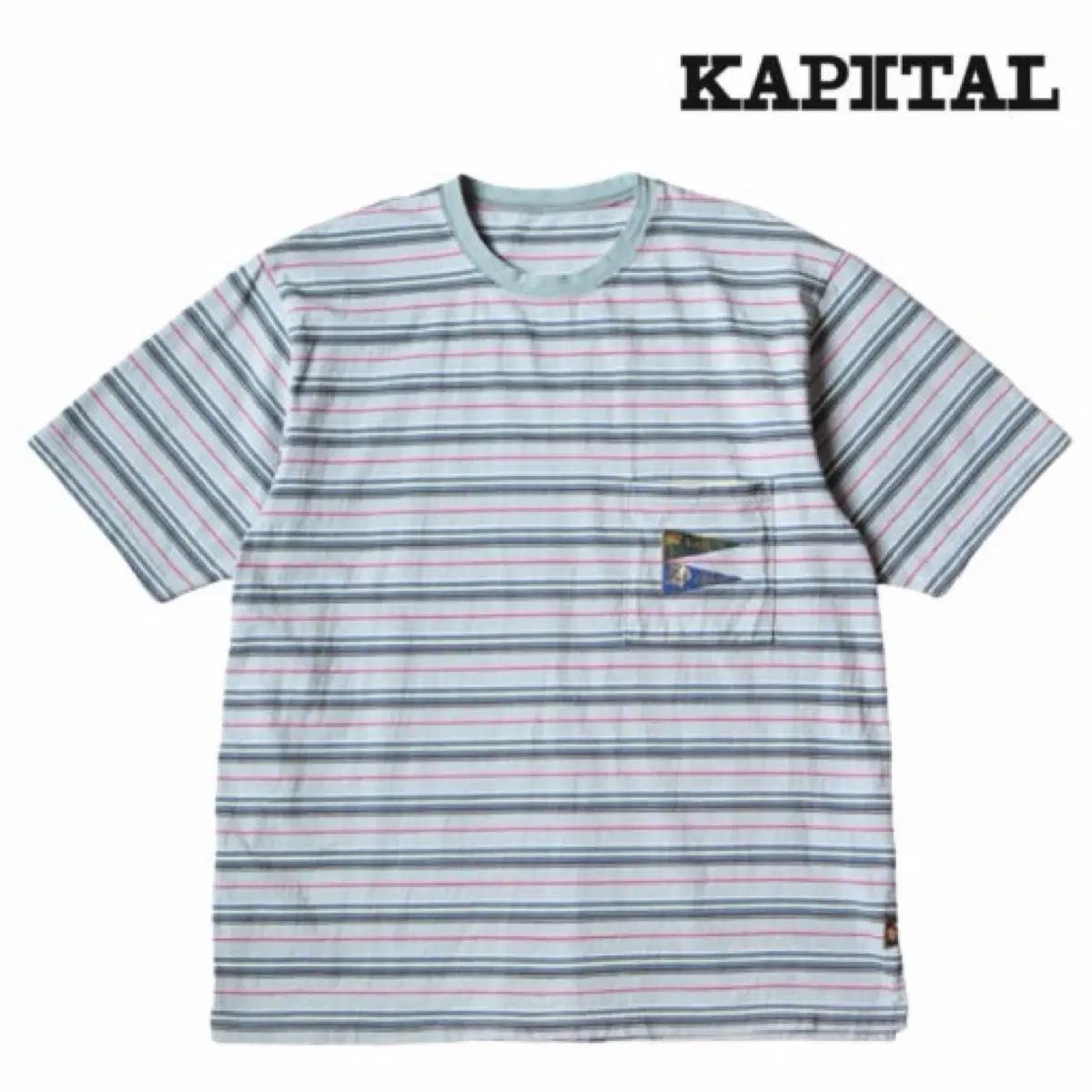 KAPITAL マルチ ボーダー ジャージ PANENT Tシャツ 3フラグ ライトブルー XL 出品