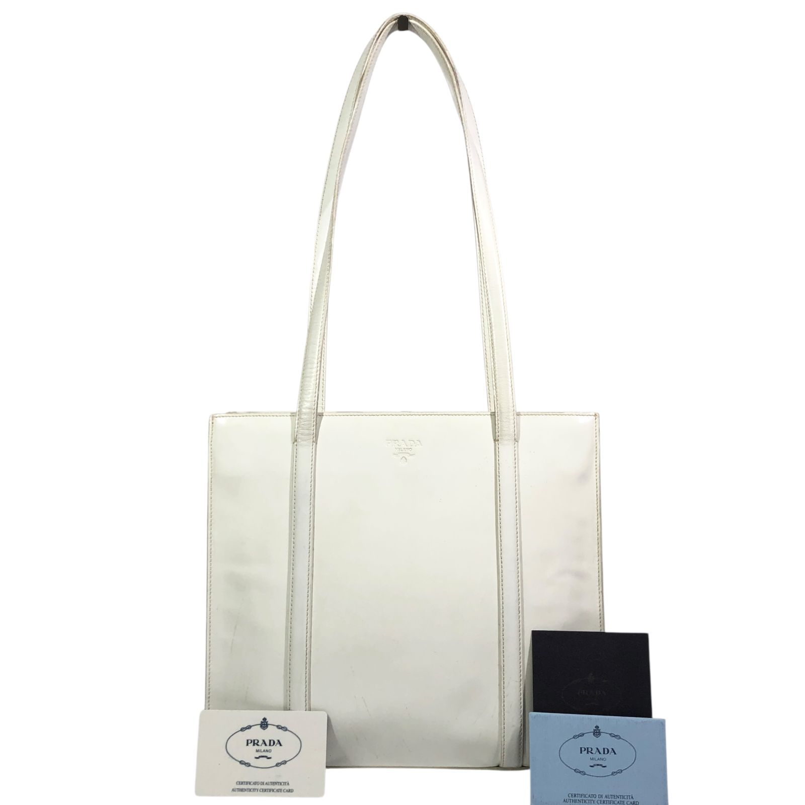 【プラダ】本物 PRADA トートバッグ ロゴモチーフ ショルダーバッグ 白アイボリー色系 パテントレザー メンズ レディース イタリア製