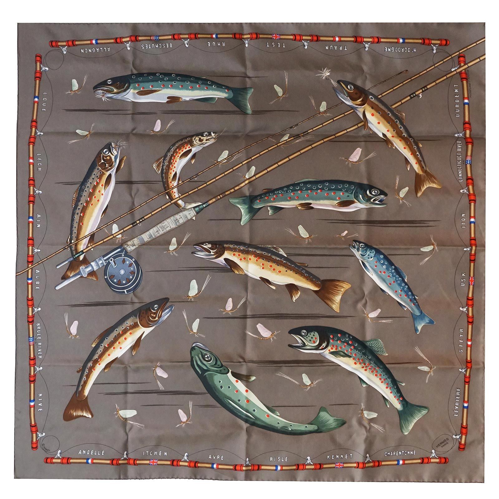 エルメス カレ 90 LES TRUITES マス 鱒 シルク100％ ブラウン スカーフ HERMES（中古）