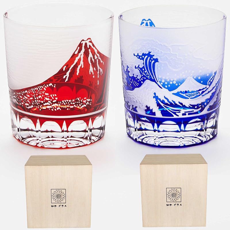 【新品】 LUGUFON 切子グラス 富士山ロックグラス 富士+波富士 職人手作り 桐箱入り 日本酒 冷酒 ビール ウイスキー 焼酎 おしゃれ お酒 お祝い 還暦 結婚 母の日 父の日 プレゼント ギフト人気 260cc 2個 赤+青