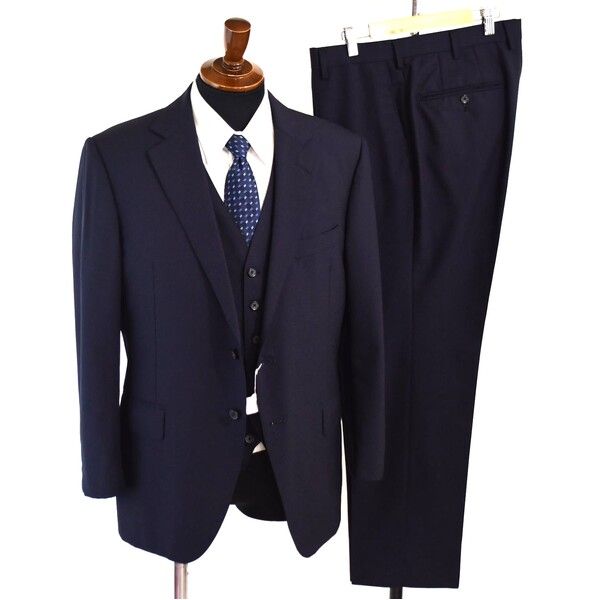 DORMEUIL 五大陸 3ピース 2パンツ 2つボタンシングル スーツ BB5 L ダークネイビー シャドーチェック ノータック 春秋 開き見せ 6UH027 【送料無料】【中古】【メンズビジネス】202608 12,456円