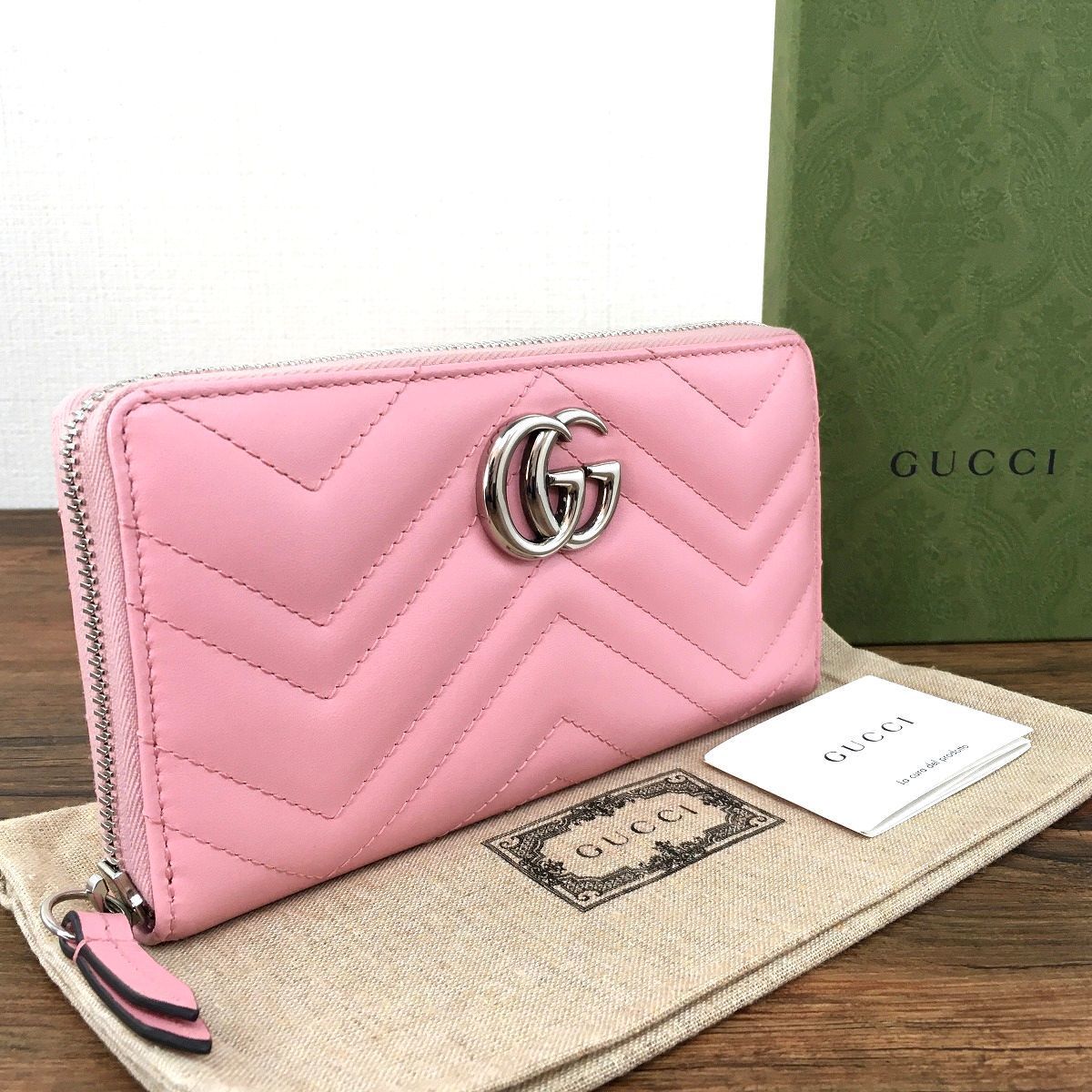 未使用品 GUCCI GGマーモント ラウンドファスナー長財布 443123 ピンク 箱付き 80