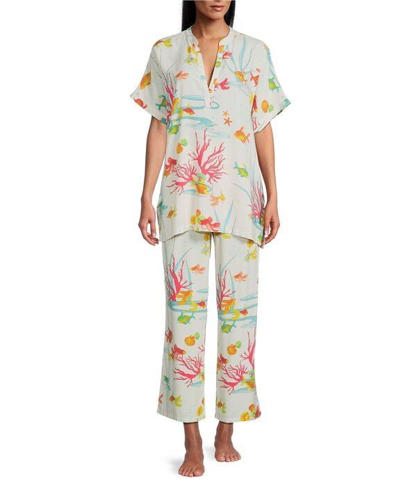 ナトリ レディース アンダーウェア ナイトウェア プリント N By Natori Short Sleeve Mandarin Collar Woven Challis Ocean Embrace P 12,935円