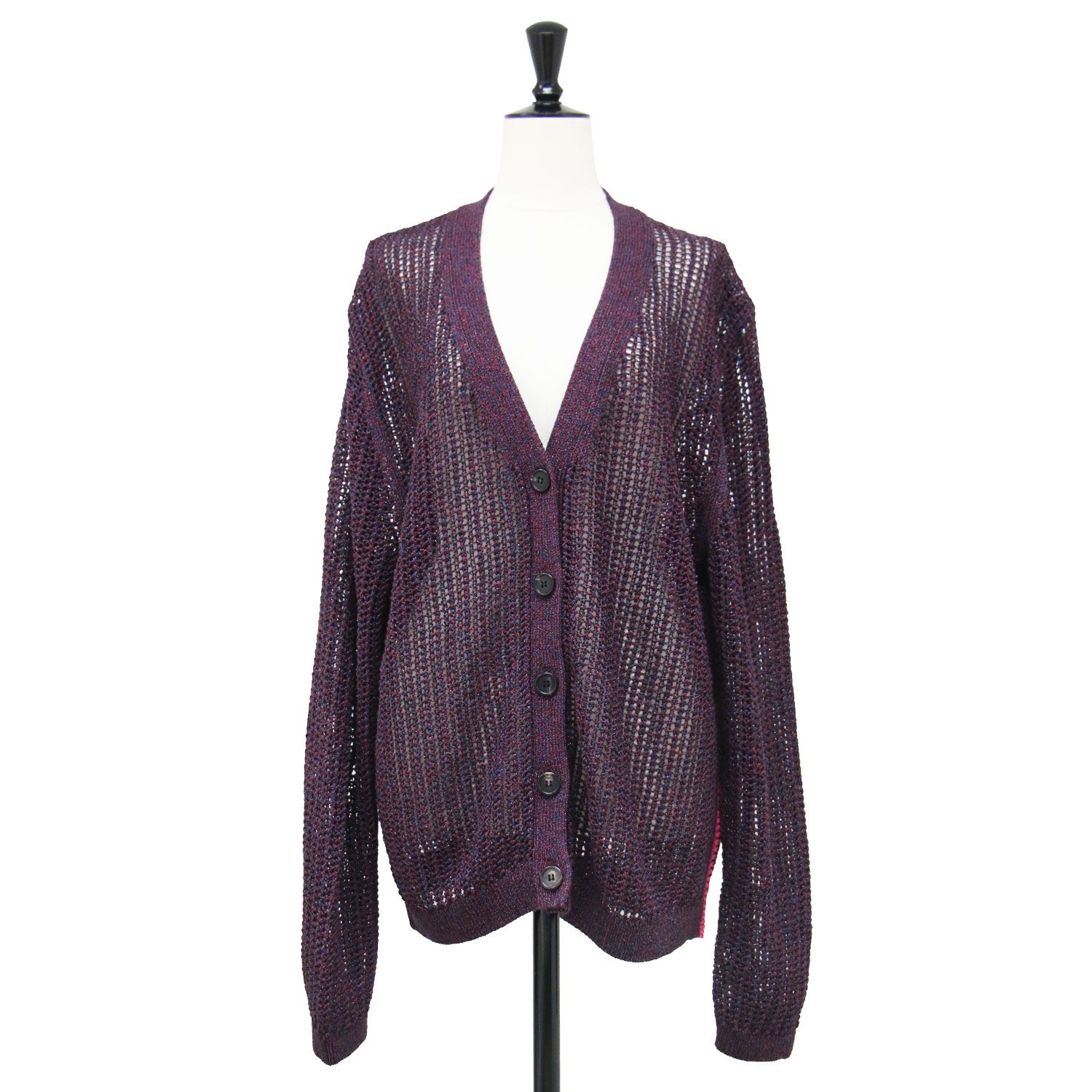 Paul Smith ポールスミス カーディガン ボルドー系 2L 26春夏 ラメミックス ニットカーディガン Vネック 長袖 ドロップショルダー メッシュ編み サイドライン ローゲージ ウォッシャブル トップス 【レディース】【中古】