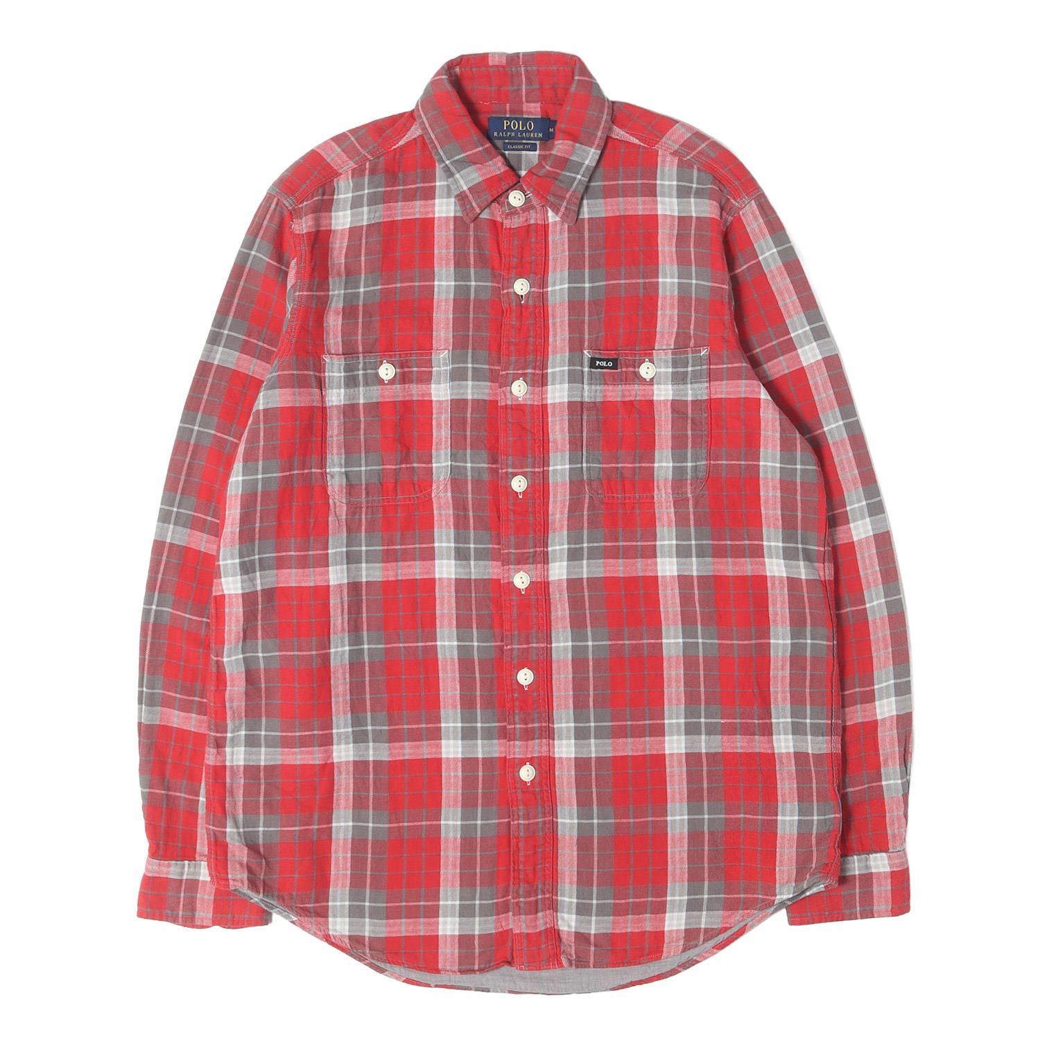POLO Ralph Lauren ポロ ラルフローレン シャツ レッド グレー M 現行モデル タータンチェック ダブルガーゼ フランネルシャツ トップス カジュアルシャツ 長袖【メンズ】【中古】