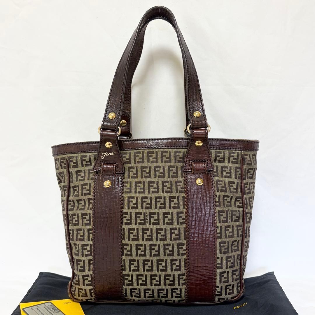FENDI フェンディ ズッキーノ トートバッグ キャンバス レザー ベージュ ブラウン 8BH161