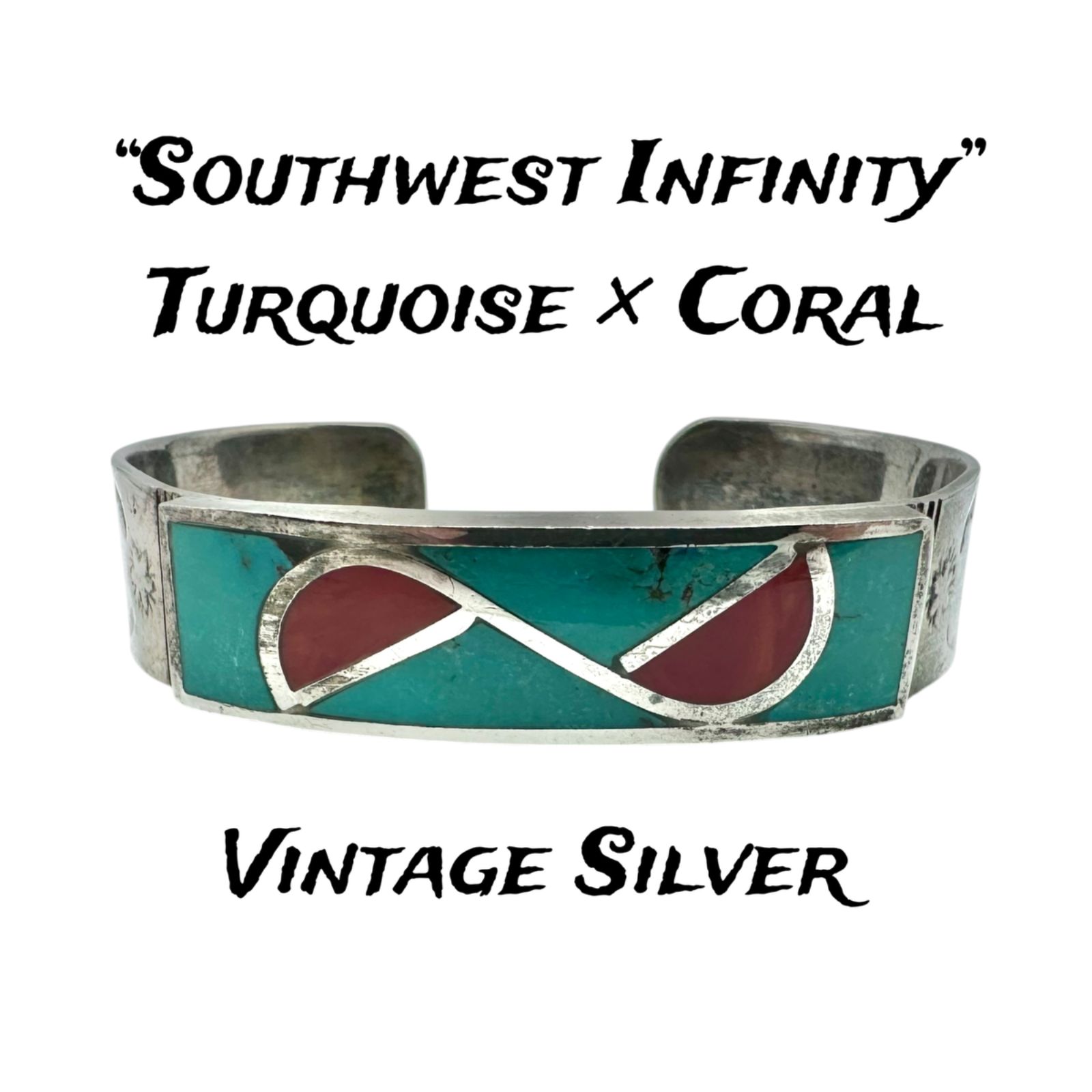 【鮮烈な色彩】 インディアンジュエリー Silver 925 刻印 Vintage Bangle Bracelet シルバー バングル ブレスレット 大ぶり 重厚 37.2g インフィニティ ターコイズ コーラル インレイ ネイティブアメリカン