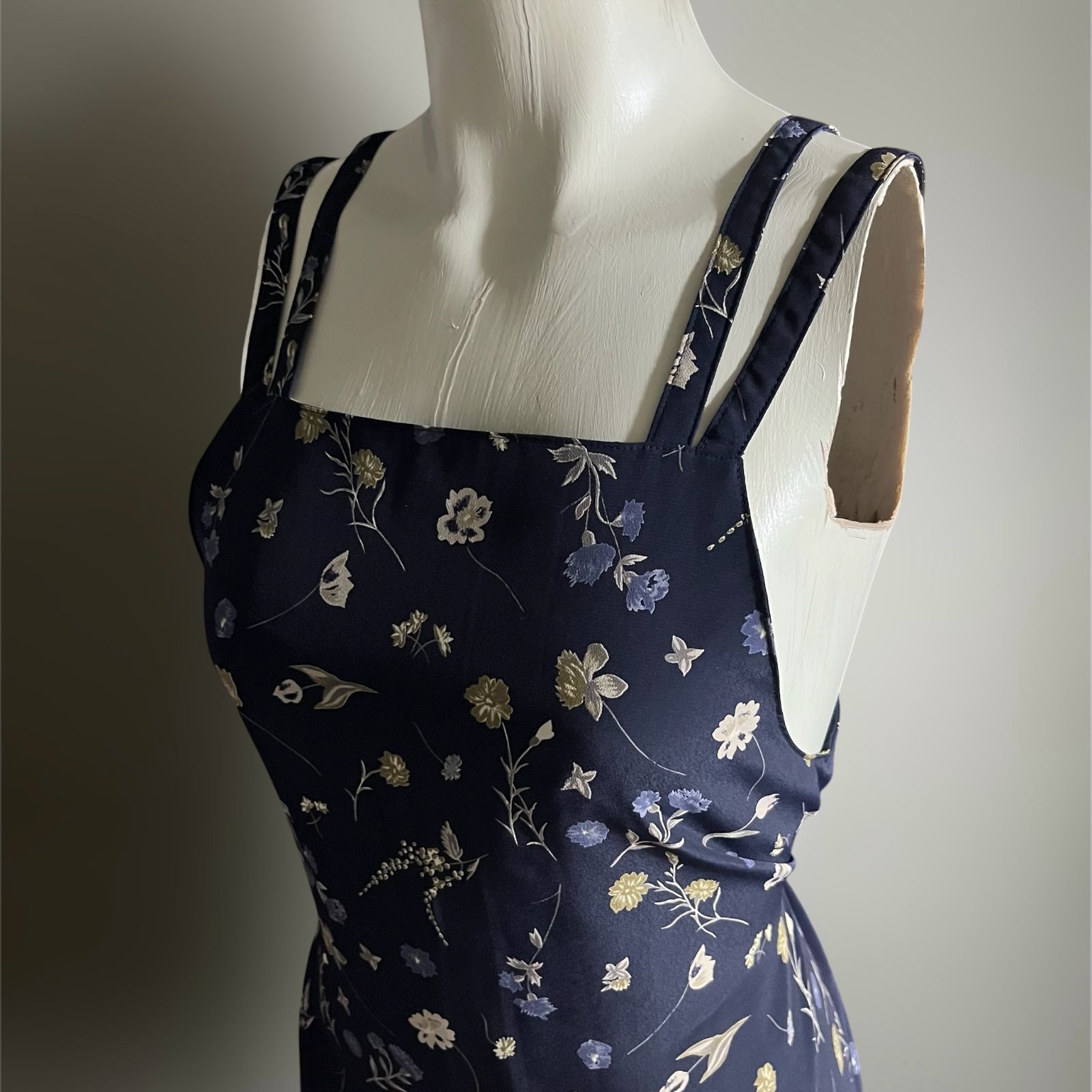 Vintage 90s ヴィンテージ 花柄 ワンピース 変形 ダブルストラップ ロング ドレス モード ハイエンド 上品 ネイビー 古着 vintage 希少 レアI384