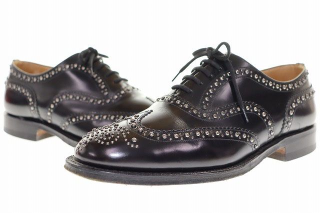 チャーチ church's BURWOOD 2S MET 75F バーウッド スタッズ レザー シューズ ドレスシューズ ウィングチップ フルブローグ 革靴 イタリア製 ブラック 【ブランド古着ベクトル】【中古】●▲260823 29,315円
