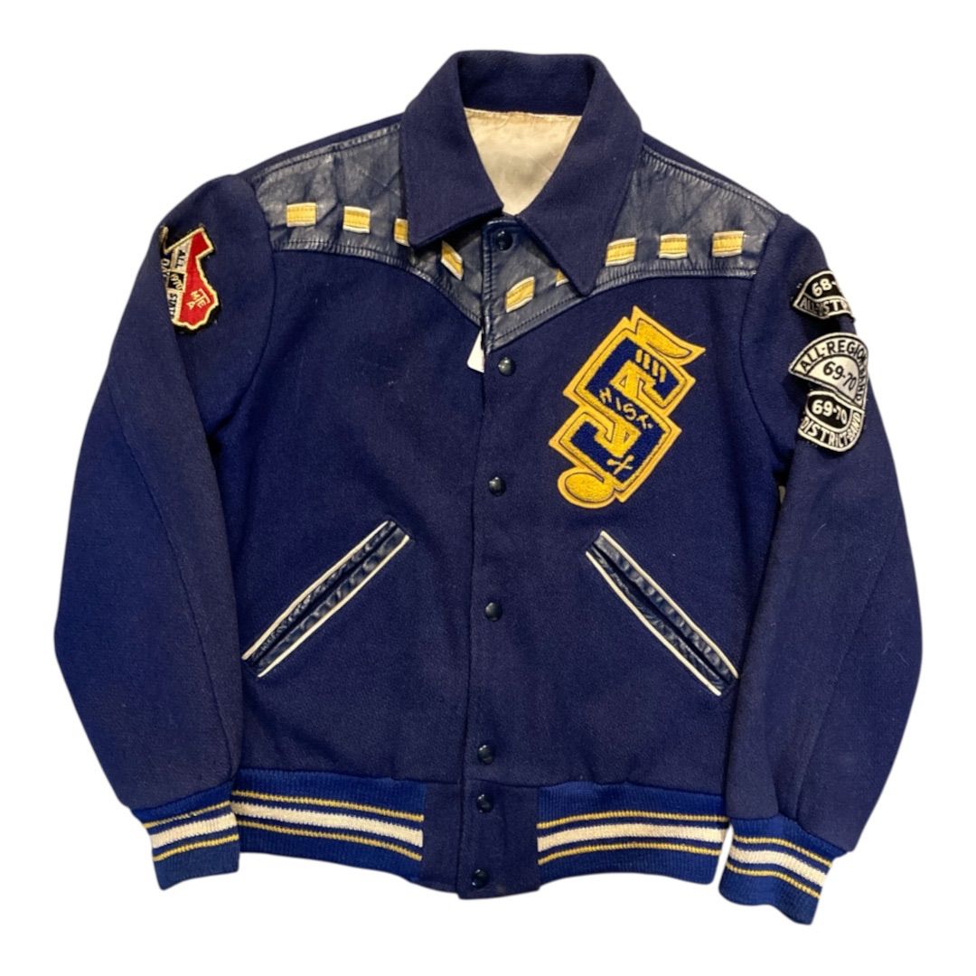 60s〜70s Wright Sports Vintage Letterman Jacket Wool Leather Navy Sports Patches/ 60s〜70s Wright Sports レターマンジャケット ウール×レザー 【F552】