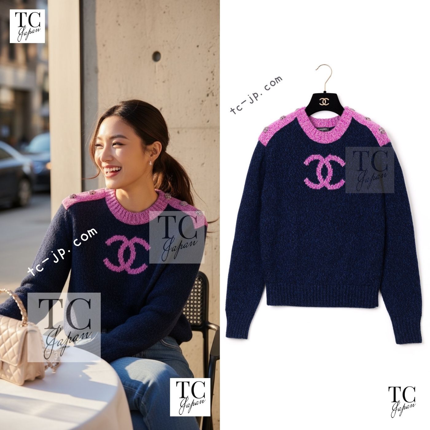 シャネル セーター CHANEL 22A ネイビー ピンク ココ マーク カシミヤ 100% ニット CC グリポワ宝石ボタン 未使用 34 36 38 176,000円