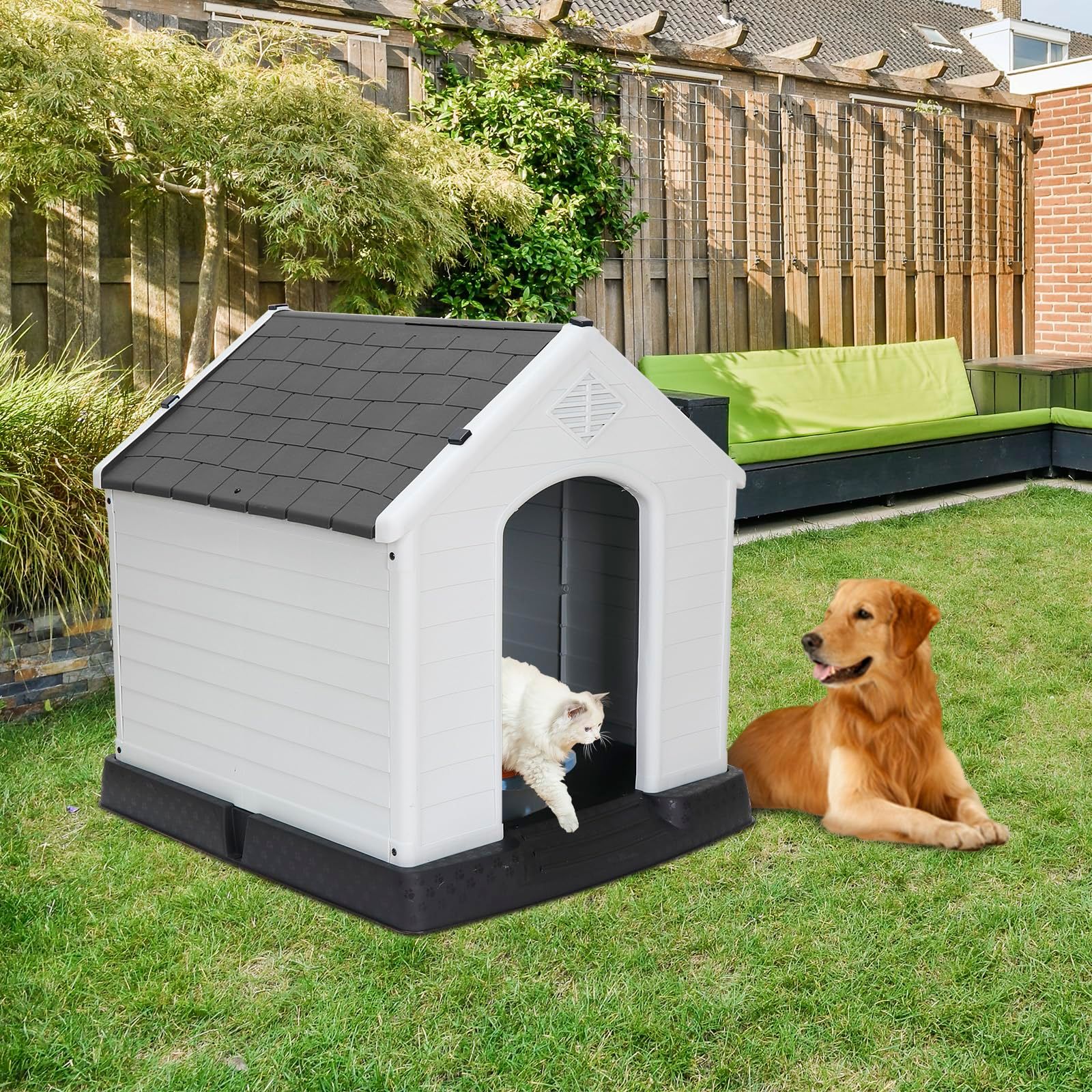 犬小屋 屋外用 大型犬 いぬごや 大型犬 中型犬 小型犬 ドッグハウス ペットハウス 犬舎 犬家 柴犬 地域猫 犬ハウス 犬ケージ プラスチック製 防雨 換気 軽量 全天候型 丸洗いOK 四季通用 組立簡単 家庭 テラス 裏庭 室内/室外用 Ju