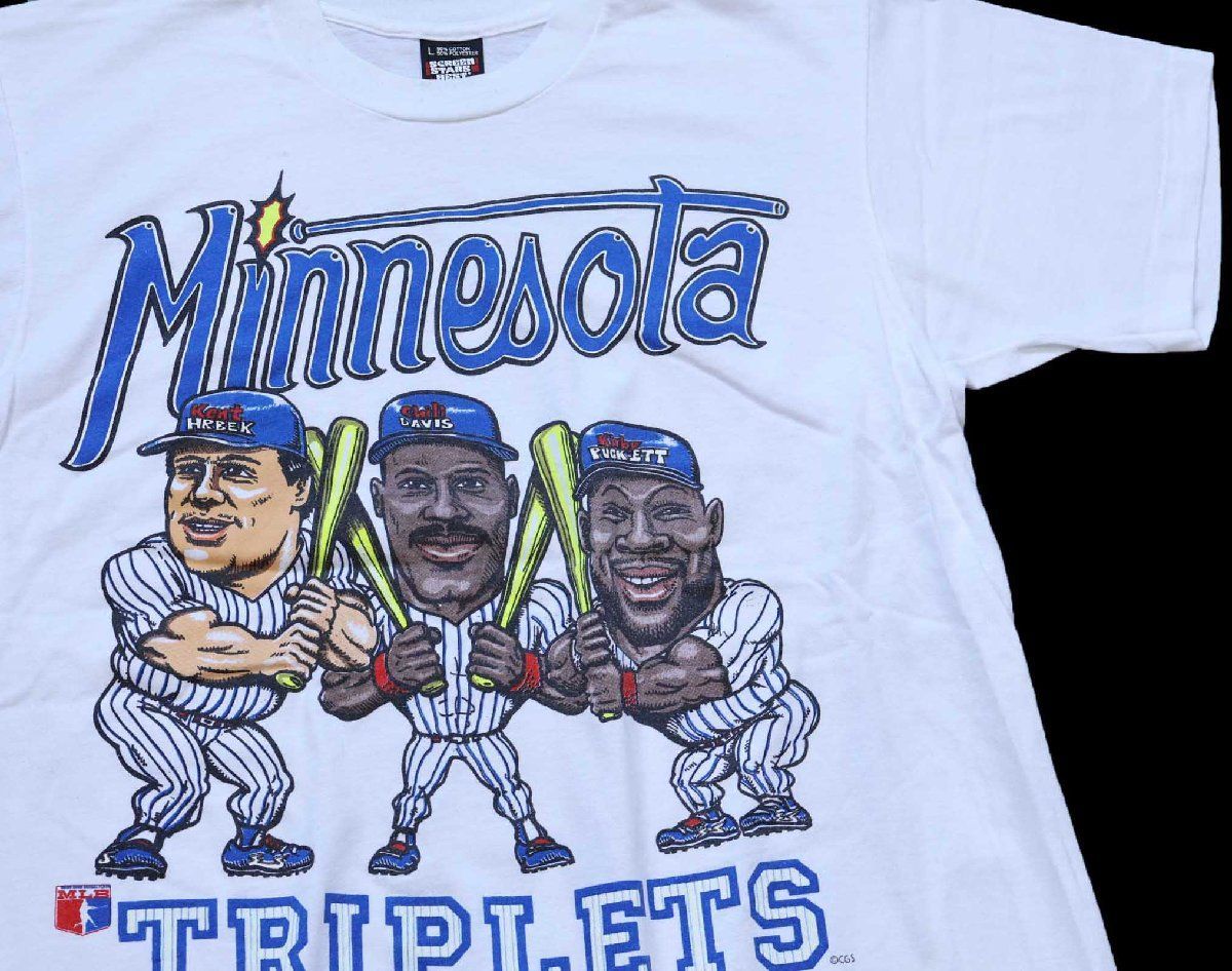 90s USA製 MLB Minnesota Twins TRIPLETS Ken HRBEK Chili DAVIS Kirby PUCKETT Tシャツ 白 L★ビンテージ スポーツ メジャーリーグ