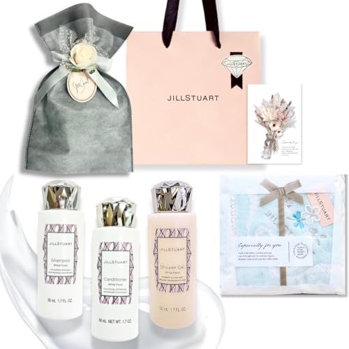 【セット品・ラッピング済み】JILL STUART ジルスチュアート ホワイトフローラル ヘアケア トラベルセット（シャンプー ＆ コンディショナー＆ シャワージェル）トラベルキット & ハンカチ 水色 化粧品 誕生日 プレゼント ギフト シ 1222135f