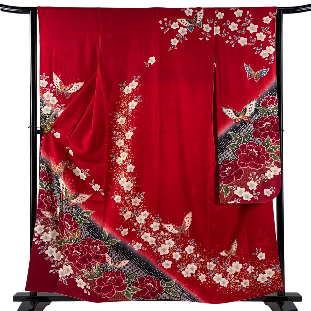 【美品】 振袖 身丈158.5cm 裄丈63cm S 袷 牡丹 蝶 金彩 ぼかし 赤 正絹 秀品 【中古】 8,732円