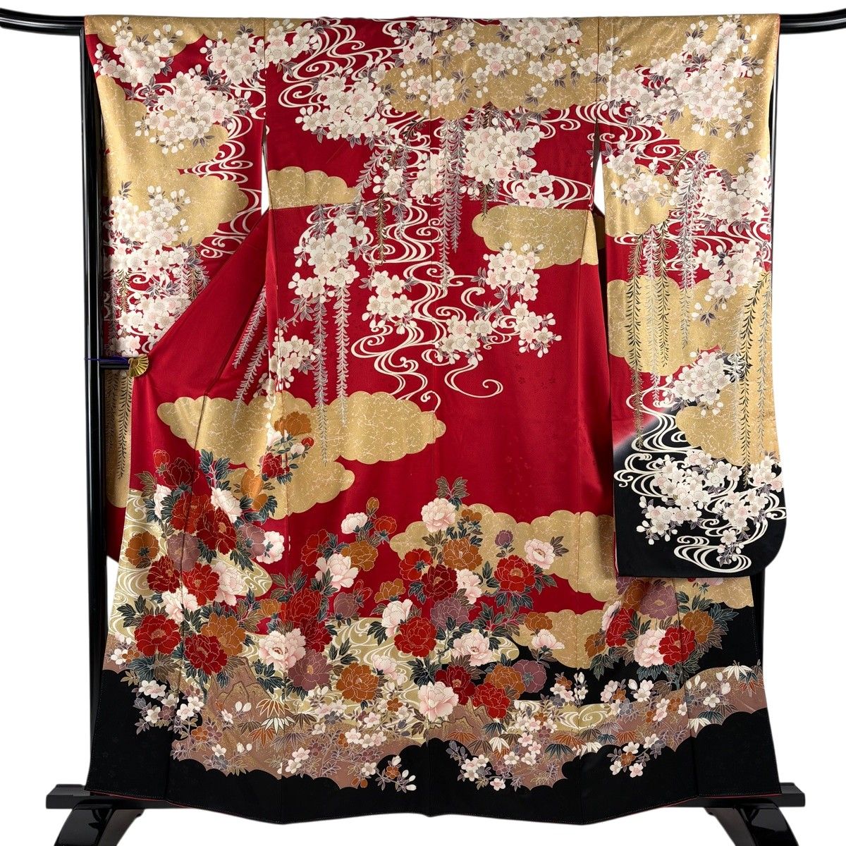 振袖 身丈159cm 裄丈65.5cm M 袷 牡丹 流水 金糸 金彩 赤 正絹 秀品 【中古】