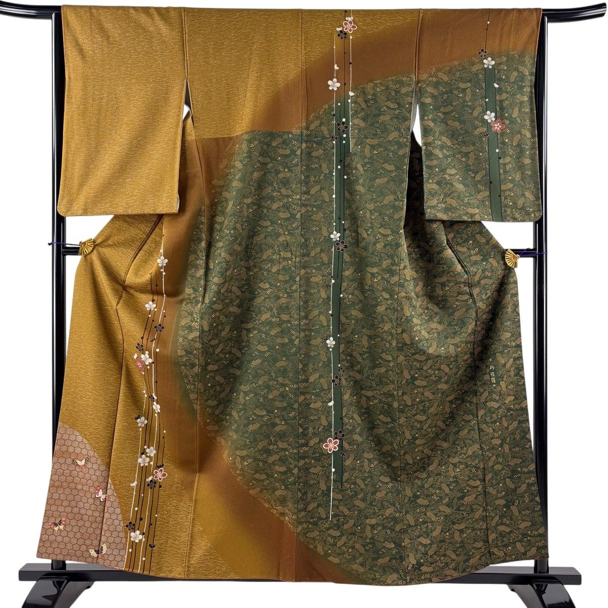 訪問着 身丈158.5cm 裄丈64cm M 袷 砂波羅 梅 蝶 金銀彩 染め分け 山吹茶色 正絹 秀品 【中古】 6,952円