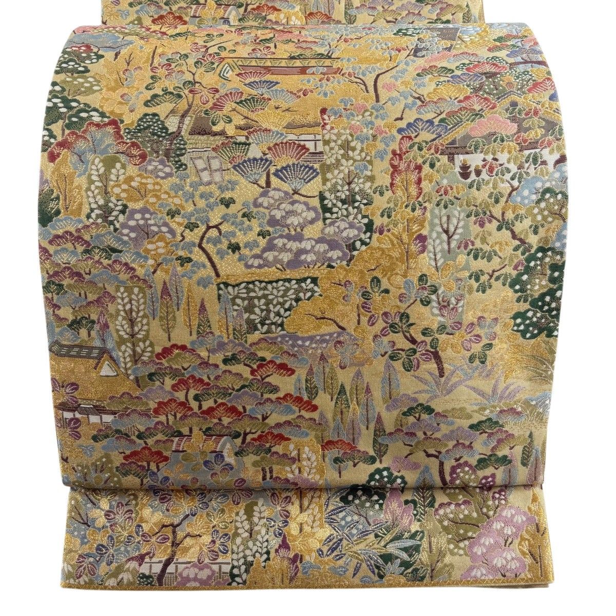 【美品】 袋帯 秀品 関西仕立て 家屋 松 金糸 箔 灰緑 六通 正絹 【中古】