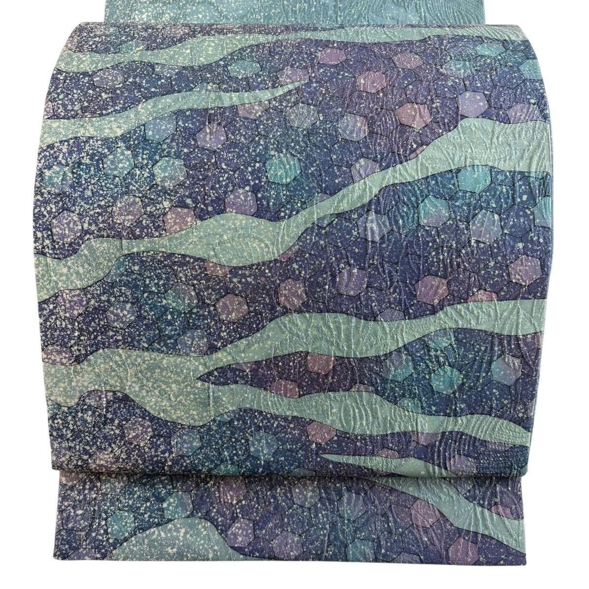 【美品】 袋帯 秀品 幾何学 亀甲 箔 水色 お太鼓柄 正絹 【中古】