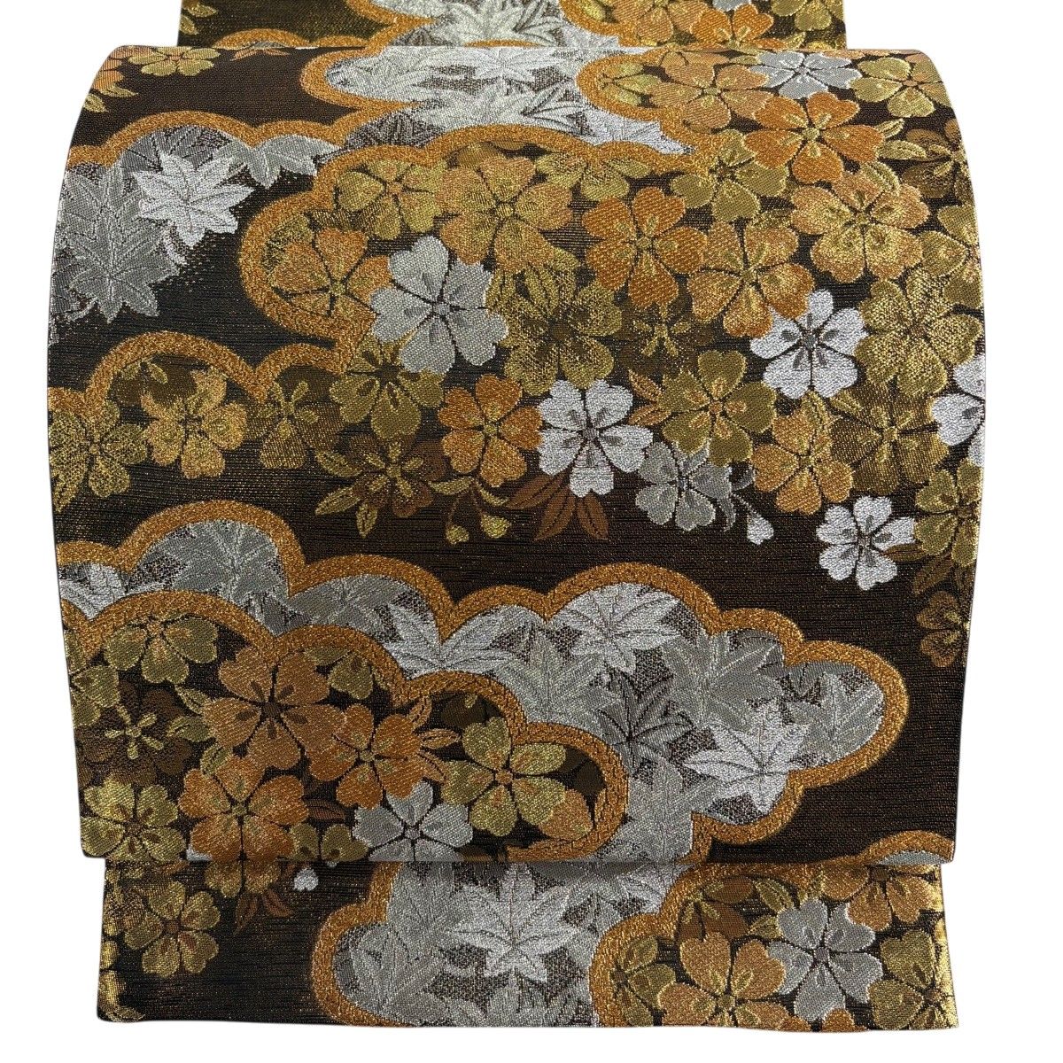 【美品】 袋帯 秀品 桜 雲文 金銀糸 茶色 六通 正絹 【中古】
