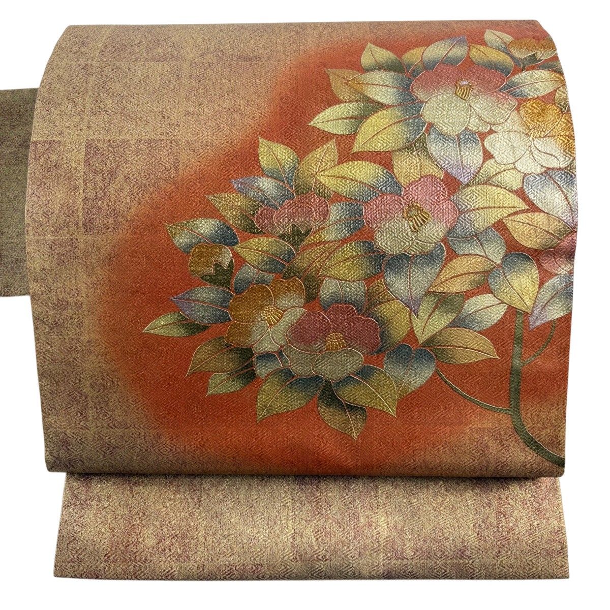 名古屋帯 秀品 椿 螺鈿 金彩 茶色 正絹 【中古】