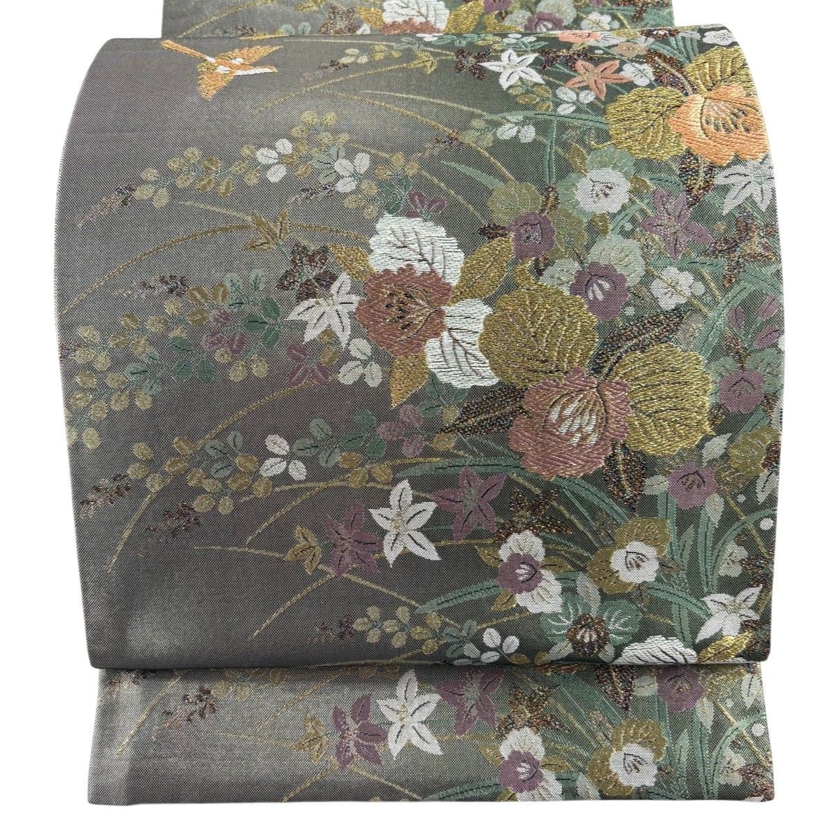 【美品】 袋帯 秀品 草花 鳥 箔 金糸 灰緑 六通 正絹 【中古】 6,952円