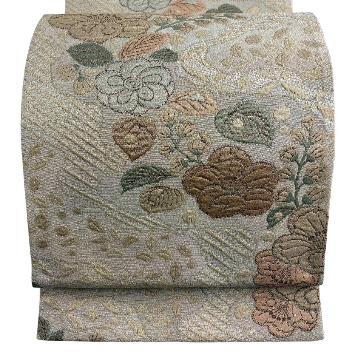 【美品】 袋帯 秀品 草花 霞 箔 ベージュ 六通 正絹 【中古】