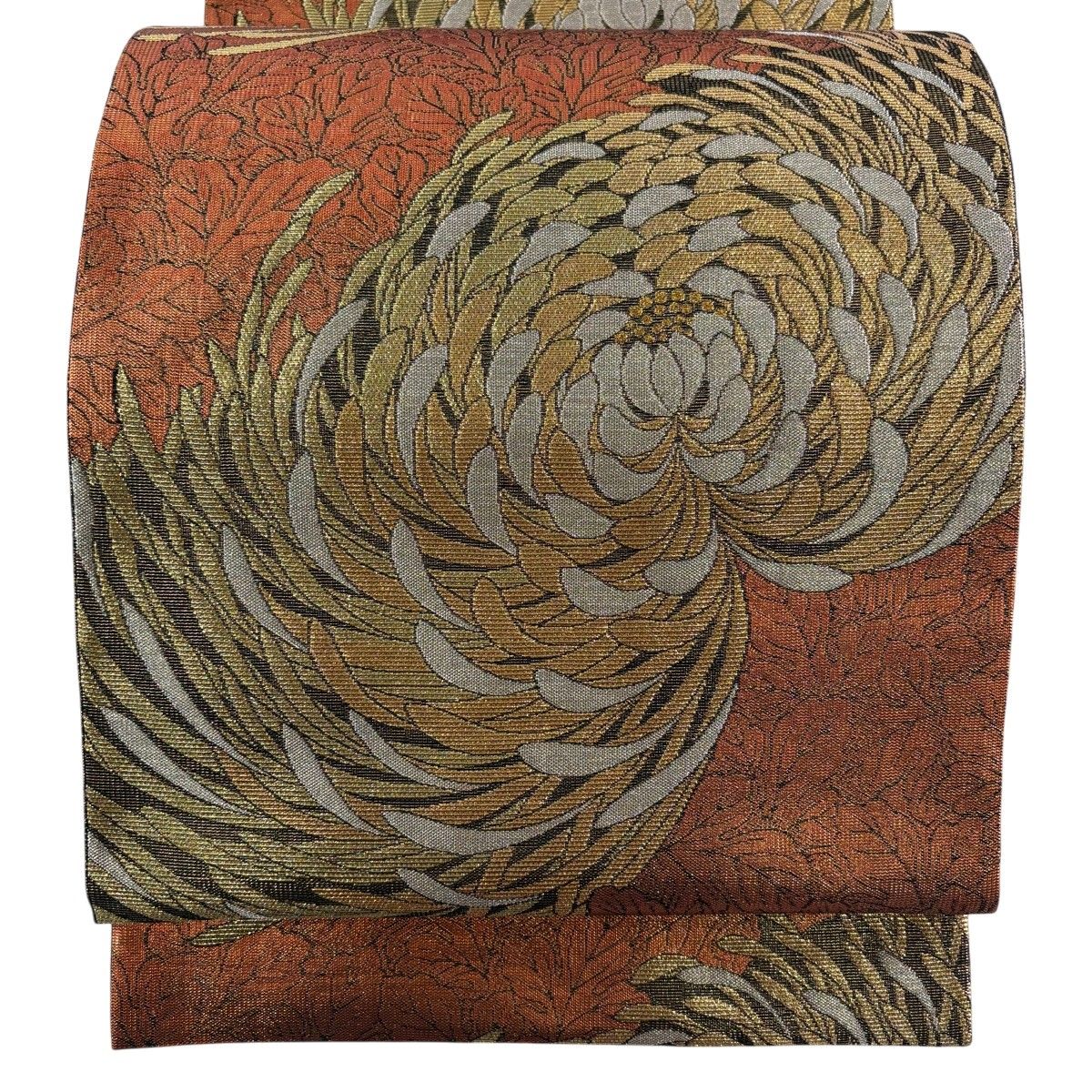 【美品】 袋帯 秀品 乱菊 銀糸 箔 オレンジ 六通 正絹 【中古】