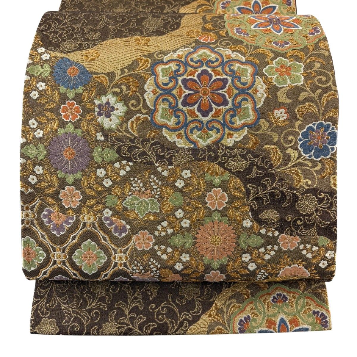 【美品】 袋帯 秀品 華文 道長取 金糸 刺繍 焦茶色 六通 正絹 【中古】