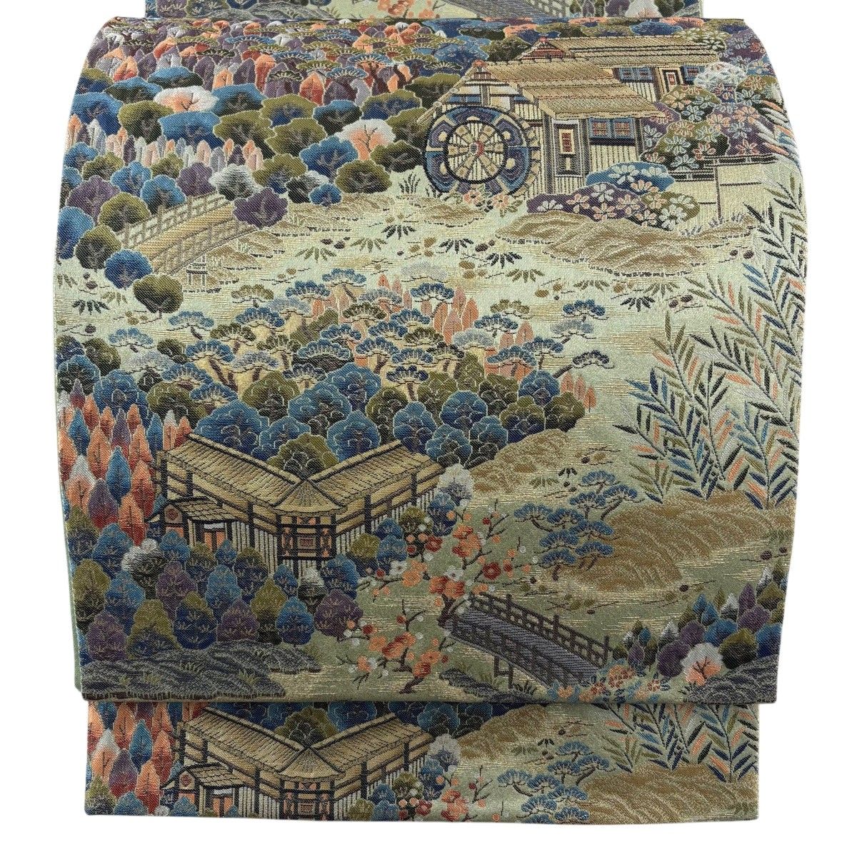 【美品】 袋帯 秀品 風景 家屋 箔 薄緑 六通 正絹 【中古】