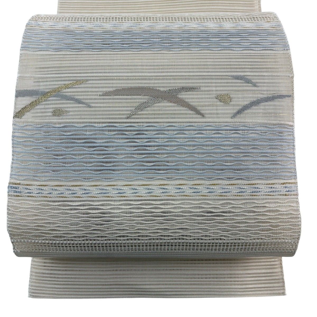 【美品】 名古屋帯 秀品 松葉仕立て 八寸名古屋帯 夏帯 絽 露芝 よろけ縞 金銀糸 ベージュ 正絹 【中古】 9,204円