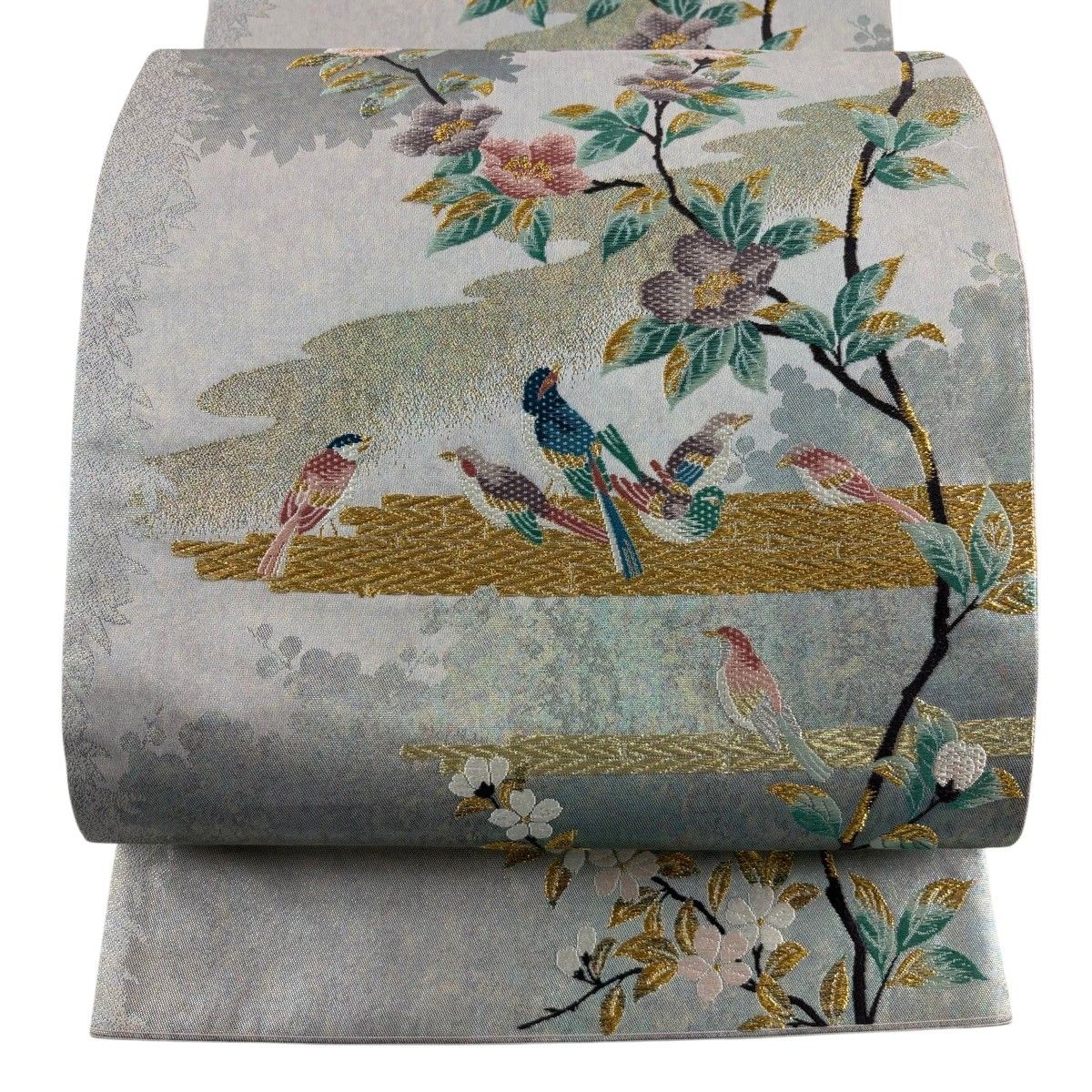 【美品】 袋帯 秀品 枝花 鳥 金糸 箔 薄緑 六通 正絹 【中古】 6,776円