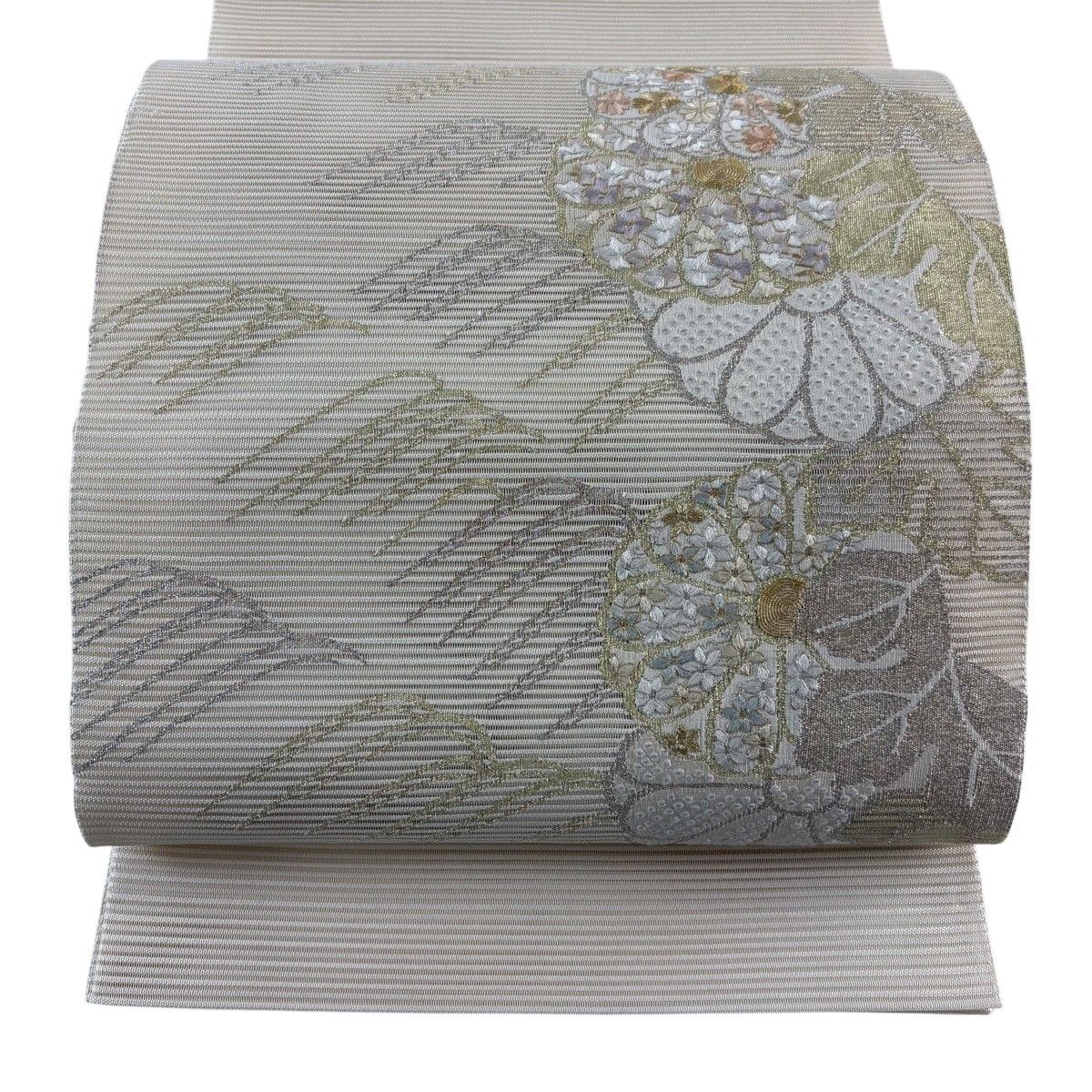 袋帯 秀品 夏帯 菊 波 金銀糸 刺繍 ベージュ お太鼓柄 正絹 【中古】