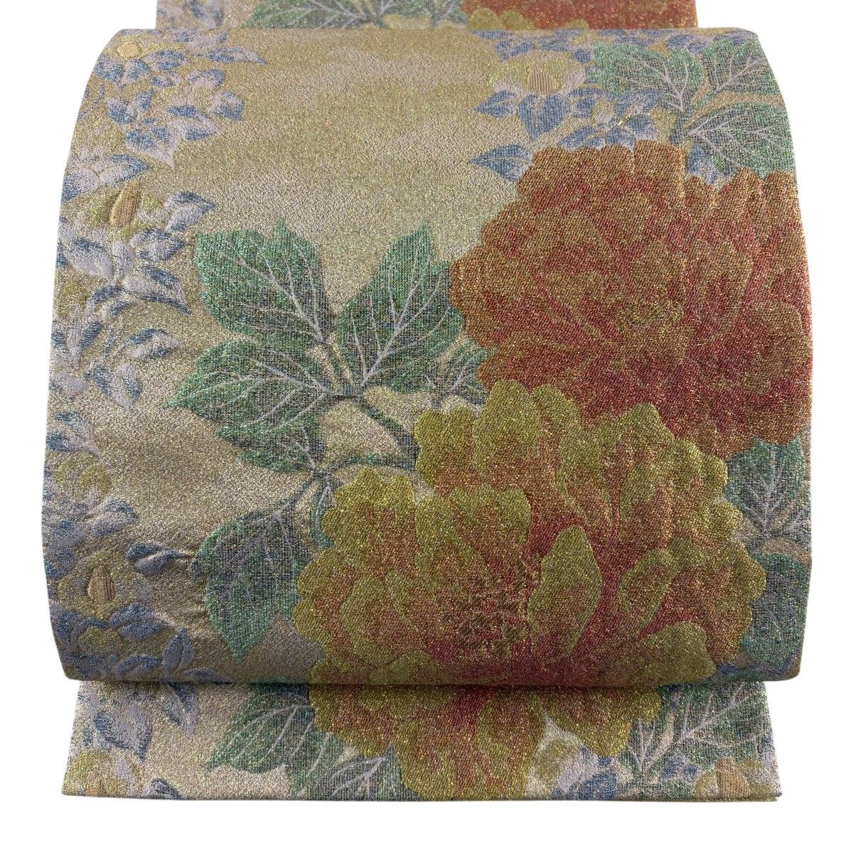 【美品】 袋帯 秀品 牡丹 椿 箔 金色 六通 正絹 【中古】