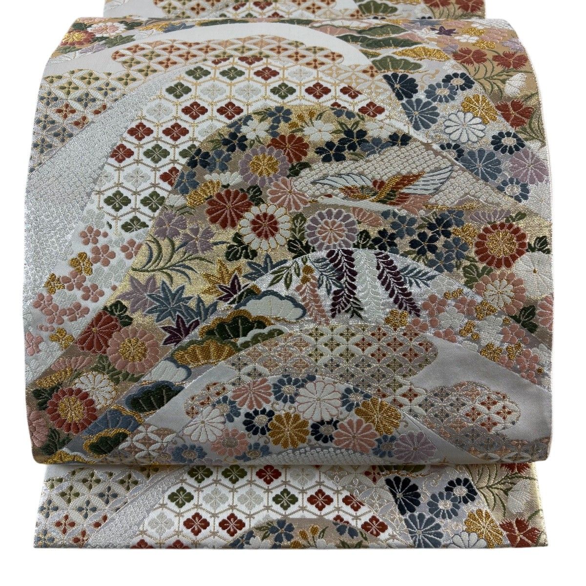 【美品】 袋帯 秀品 鶴 有職文様 箔 唐織 クリーム 六通 正絹 【中古】
