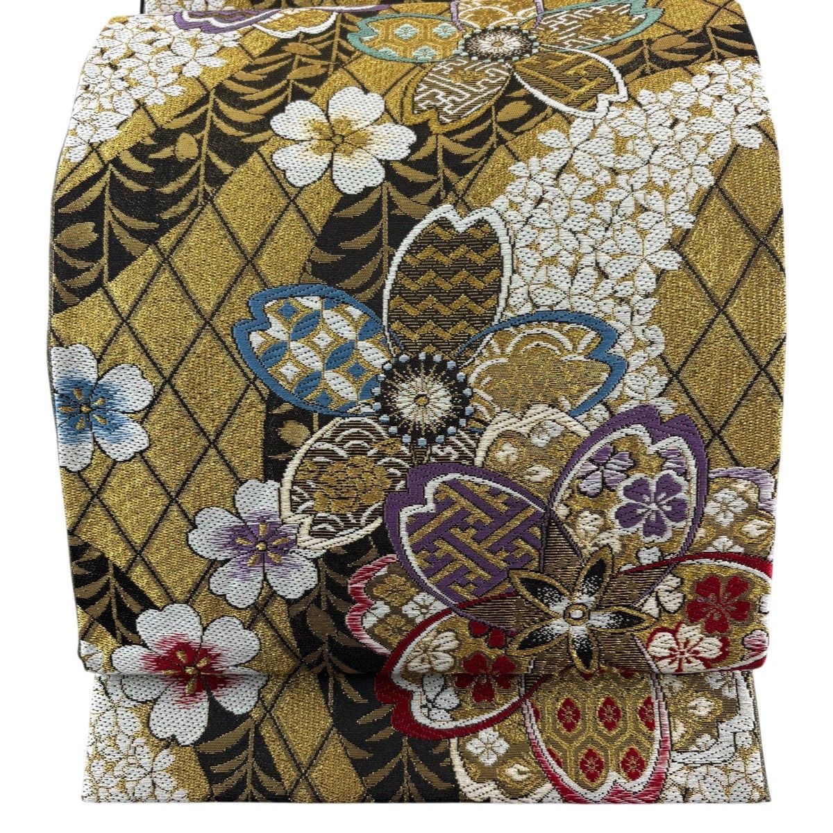 【美品】 袋帯 秀品 桜 菱 箔 唐織 金色 六通 正絹 【中古】