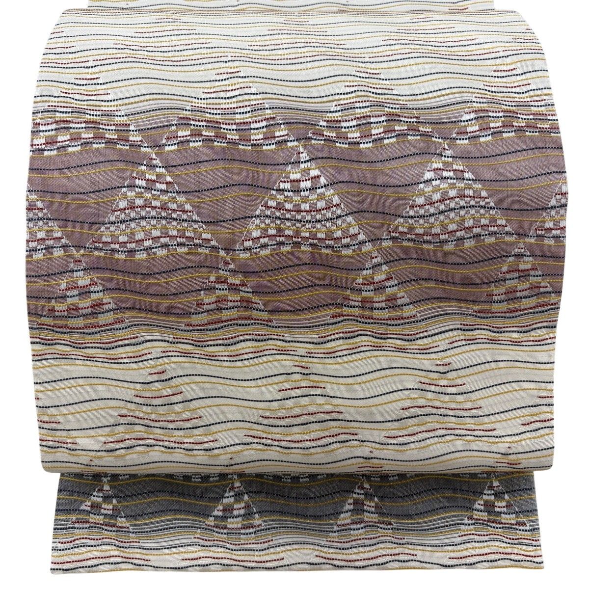 【美品】 袋帯 秀品 よろけ縞 幾何学模様 クリーム 六通 正絹 【中古】