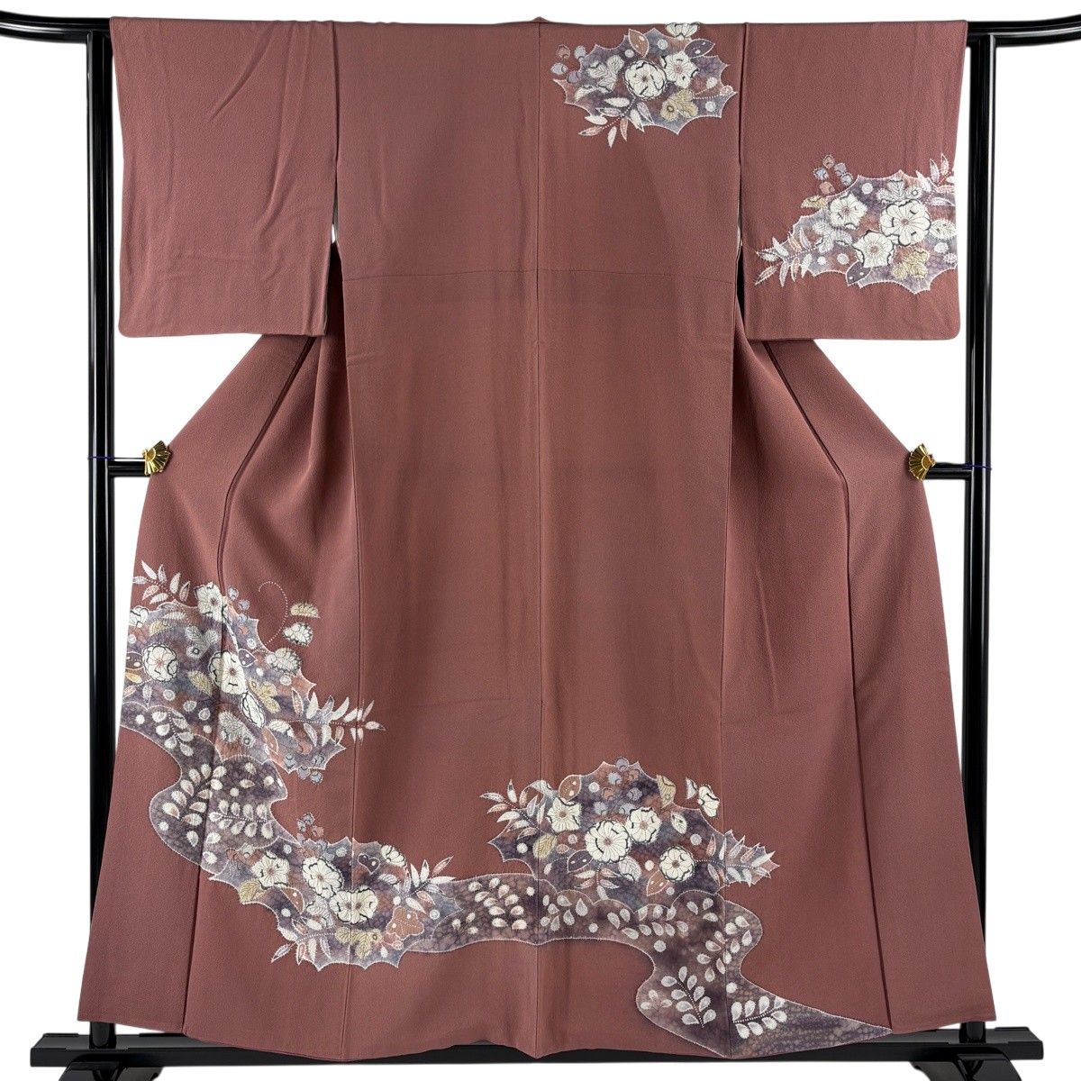 訪問着 身丈155.5cm 裄丈62.5cm S 袷 辻が花柄 霞 絞り ぼかし 小豆色 正絹 名品 【中古】