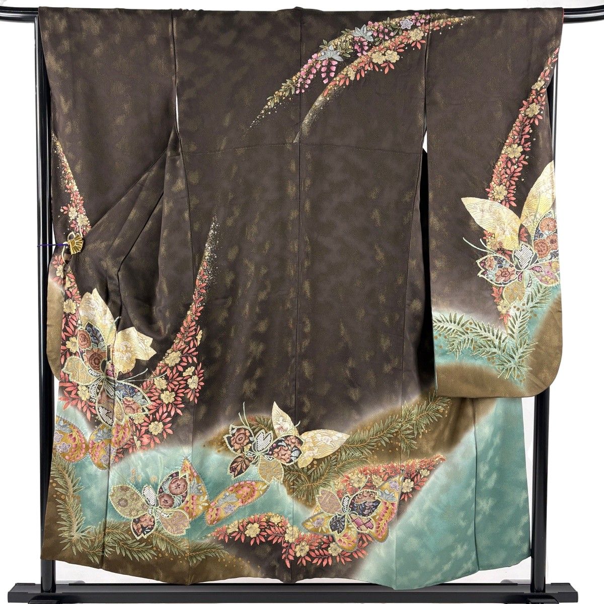 振袖 身丈152cm 裄丈66cm M 袷 草花 うさぎ 絞り 金通し 焦茶色 正絹 名品 【中古】 10,488円