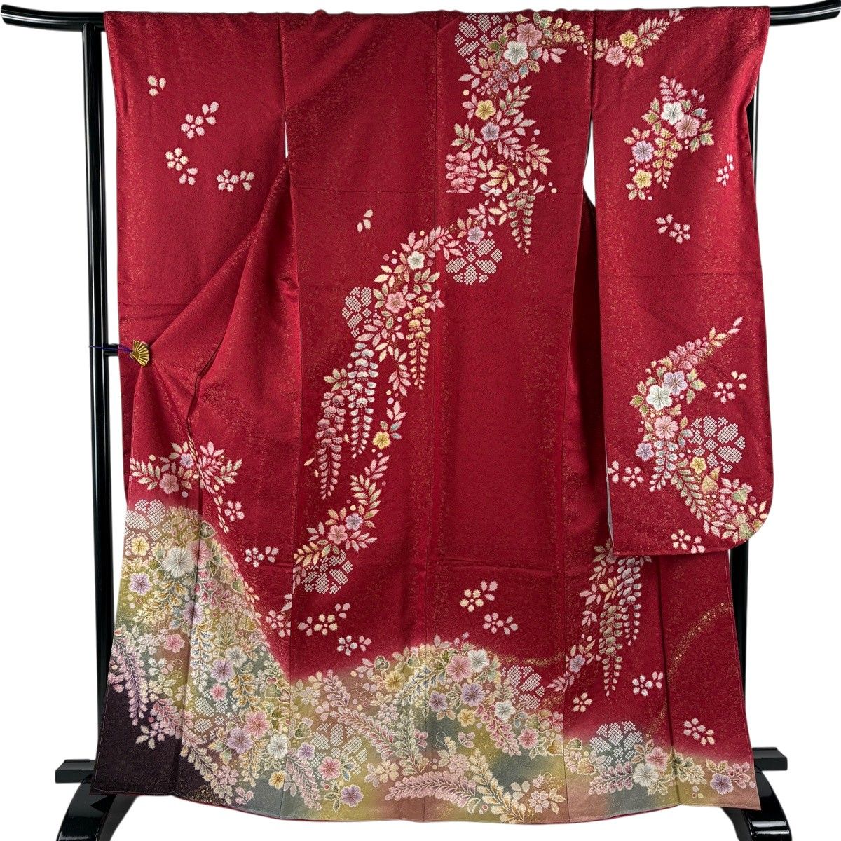 振袖 身丈166cm 裄丈65.5cm M 袷 落款 草花 金通し 絞り 赤 正絹 名品 【中古】