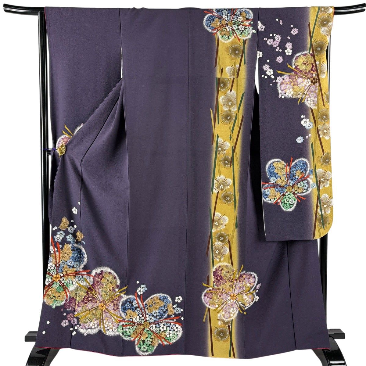 振袖 身丈164.5cm 裄丈65cm M 袷 松 梅 金糸 金彩 濃紫 正絹 名品 【中古】