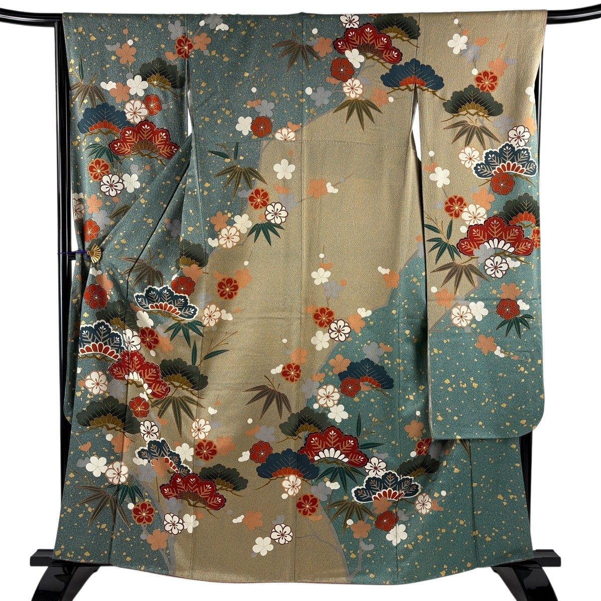 振袖 身丈161.5cm 裄丈66cm M 袷 松竹梅 幾何学模様 金糸 金彩 青緑 正絹 名品 【中古】