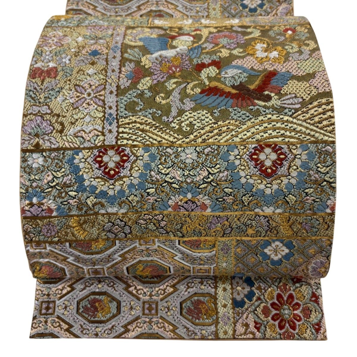袋帯 逸品 落款 華文 花鳥 金糸 金茶 全通 正絹 【中古】 25,776円