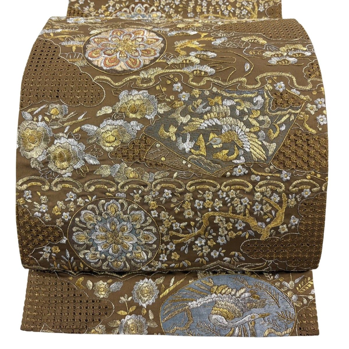 【美品】 袋帯 逸品 華文 花鳥 金銀糸 刺繍 黄土色 六通 正絹 【中古】