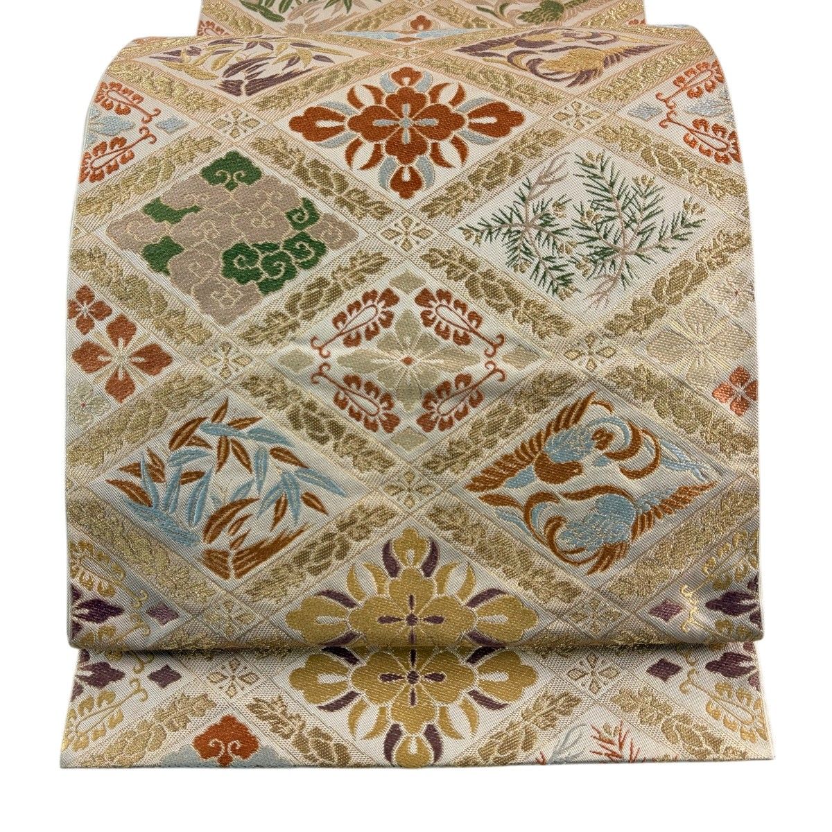 【美品】 袋帯 名品 川島織物 落款 菱 花鳥 金糸 箔 ベージュ 六通 正絹 【中古】 12,008円